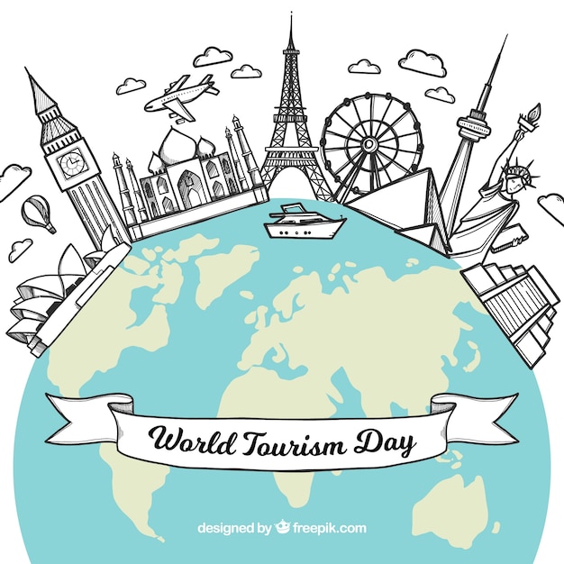 Free vector world tourism day background with world and monuments