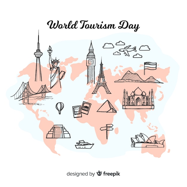 World tourism day background with world and monuments