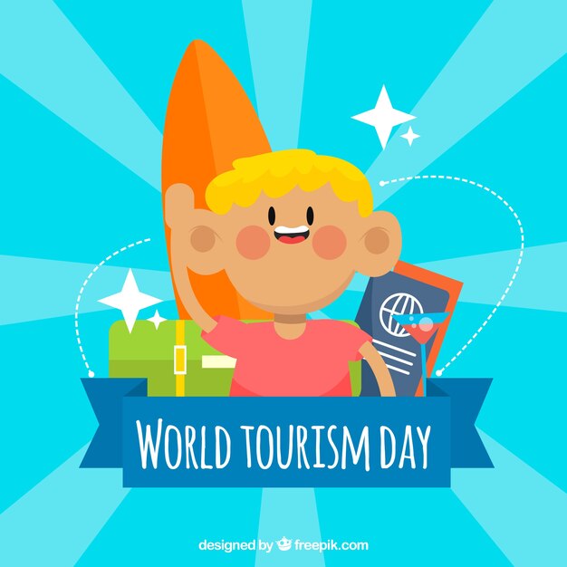 Free vector world tourism day, a boy traveling with his surfboard