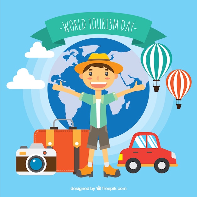 Free vector world tourism day, a boy traveling the world