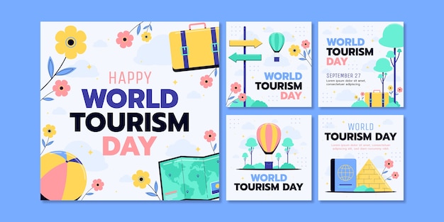 Collezione di post flat ig per la giornata mondiale del turismo