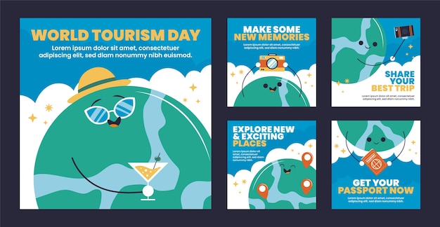 Всемирный день туризма рисованной плоская коллекция постов ig
