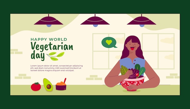 Vettore gratuito banner orizzontale piatto disegnato a mano del giorno vegetariano mondiale
