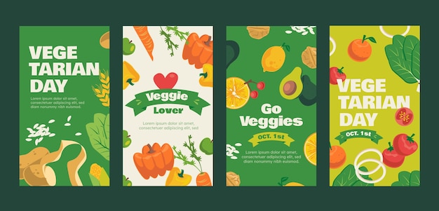 Free vector world vegetarian day hand drawn flat ig stories set