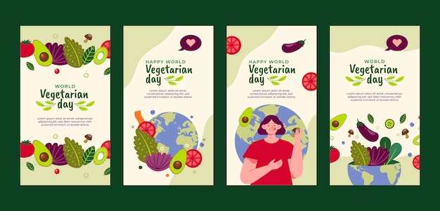 World vegetarian day hand drawn flat ig stories set