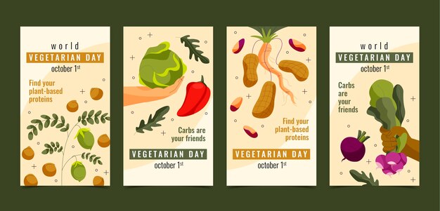 World vegetarian day hand drawn flat ig stories set