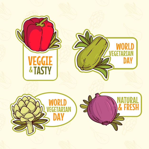 Vettore gratuito collezione di etichette disegnate a mano per la giornata mondiale del vegetariano