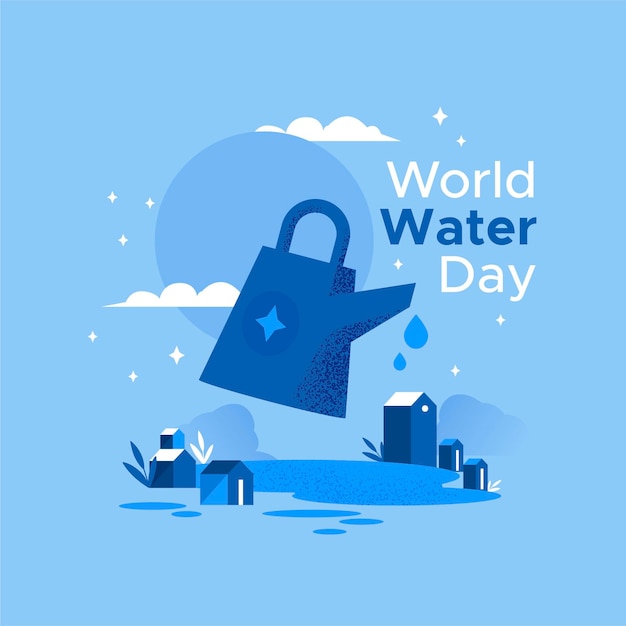 Vettore gratuito illustrazione di giornata mondiale dell'acqua con annaffiatoio e villaggio