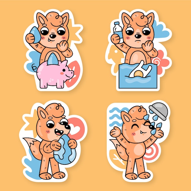 Free vector world water day stickers collection with fred the fox