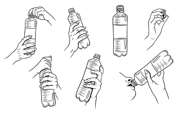 世界水の日 ペットボトルの水 手に水筒 イラストのセットです プレミアムベクター