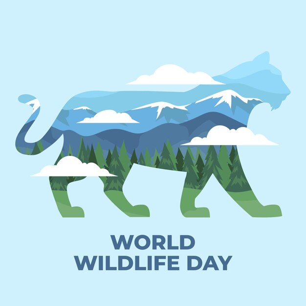 Free vector world wildlife day illustration with mountains and tiger