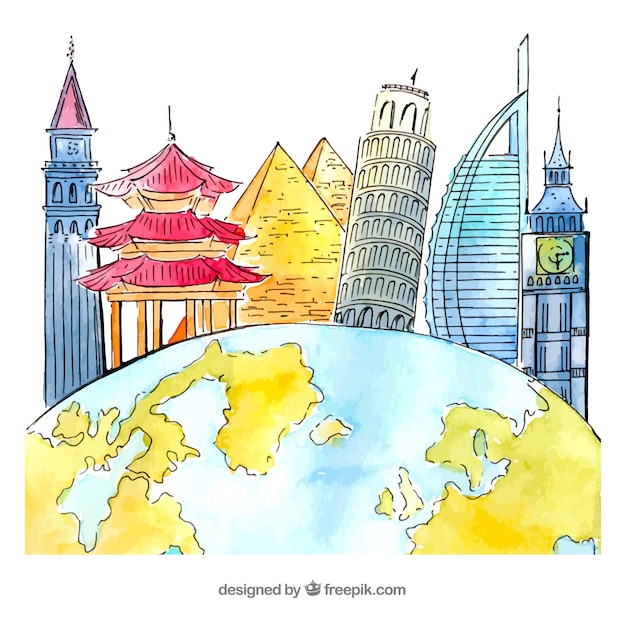 World with landmarks background in watercolor style
