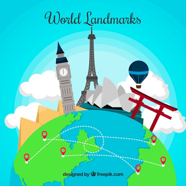 World with landmarks in flat style