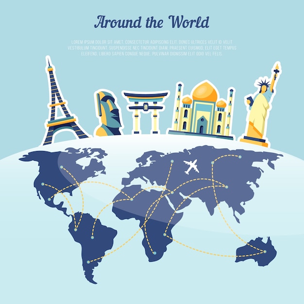 World with landmarks in flat style