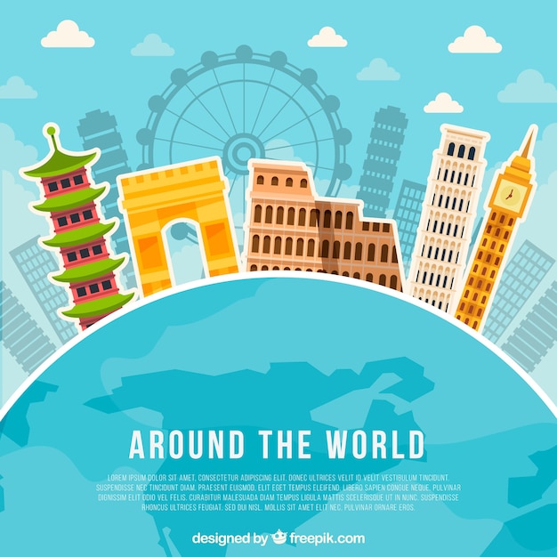 Free vector world with landmarks in flat style