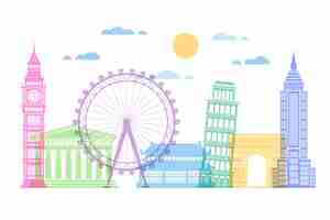 Free vector worldwide colorful landmarks skyline