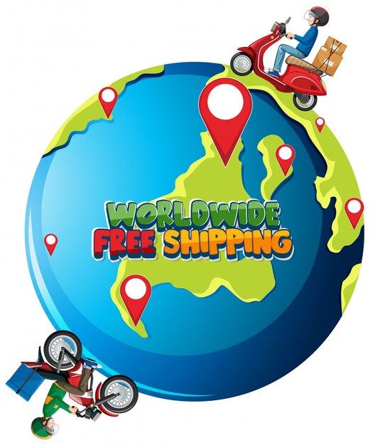 Worldwide free shipping logo with bike man or courier riding on the earth