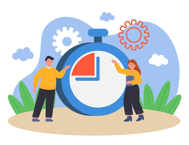 Free vector worried male and female characters with timer in background. woman holding clipboard looking at time clock flat vector illustration. time management, deadline, competition, countdown concept