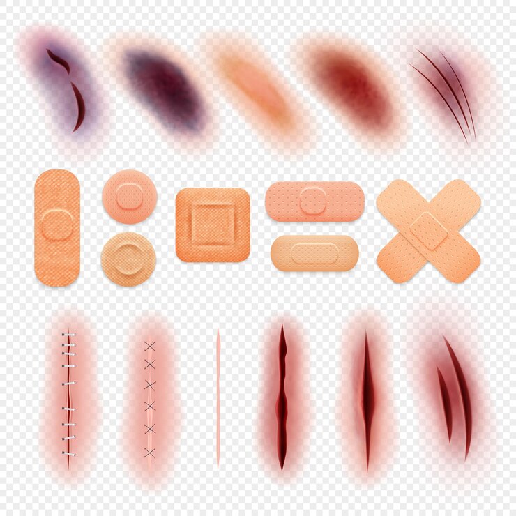 무료 Vector 투명한 배경과 타박상 찰과상 및 붕대 벡터 삽화의 격리된 이미지로 설정된 상처 고약 현실적인 아이콘
