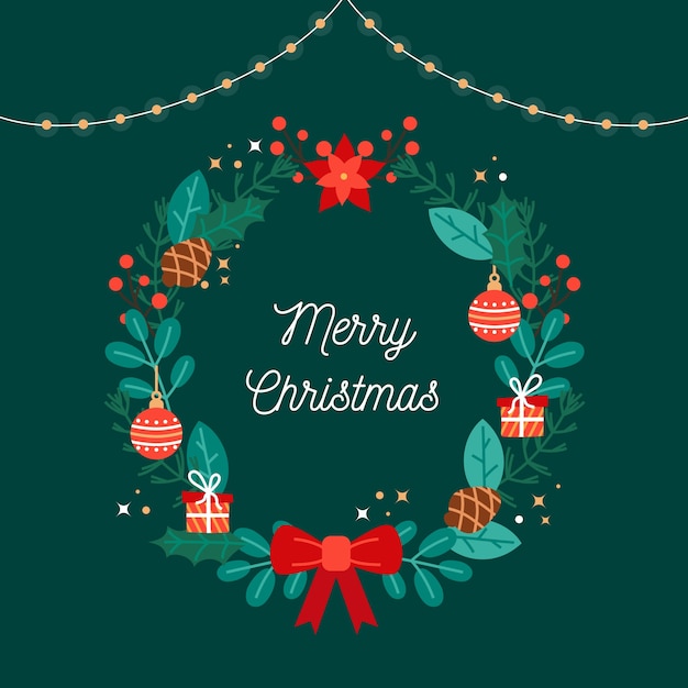 Free Vector | Wreath and christmas greeting in flat design