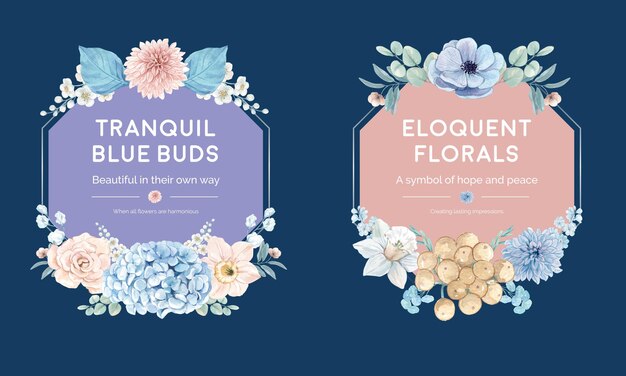 Wreath template with blue flower peaceful concept,watercolor style