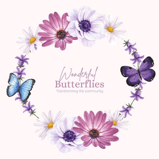 Бесплатное векторное изображение Шаблон венка с фиолетовой и синей бабочкой в стиле акварели