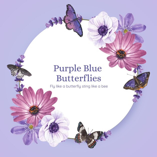 Wreath template with purple and blue butterfly in watercolor style