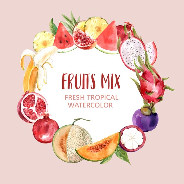 Wreath with fruits theme, various fruits watercolor illustration.