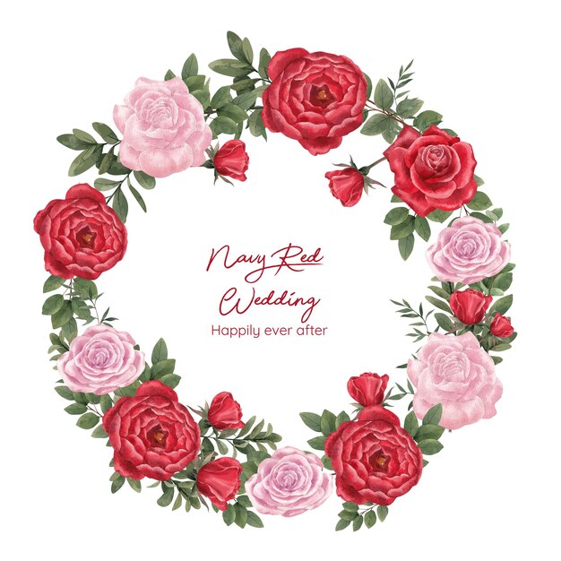 Wreath with red navy wedding concept, watercolor style