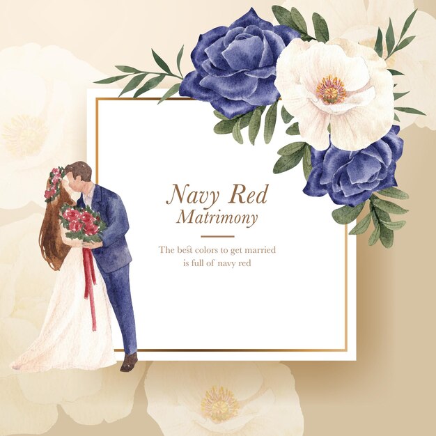 Wreath with red navy wedding concept, watercolor style