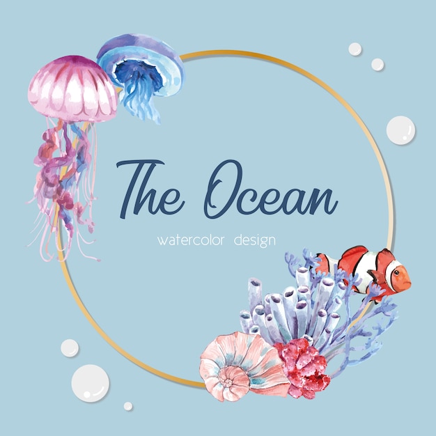 Free vector wreath with sealife theme, light blue illustration template