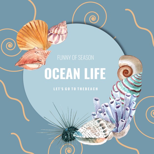 シーライフテーマ、貝殻、サンゴの水彩イラストテンプレートと花輪