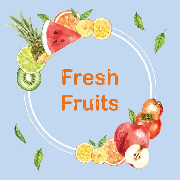 Венок с различными фруктами, креативные акварельные иллюстрации Шаблон