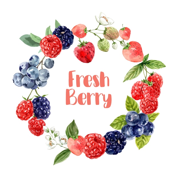 Wreath with various mixberry fruits, vibrant color illustration Template