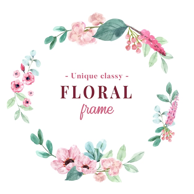 Free vector wreath with vintage floral watercolor painting of peony and anemone illustration.