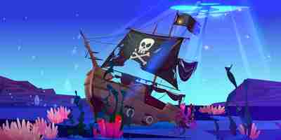 Free vector wreck pirate ship underwater with torn flag