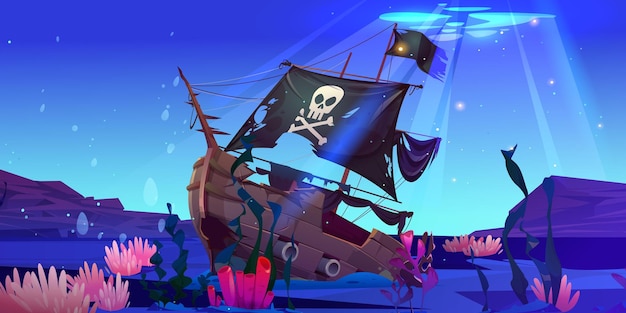 Wreck pirate ship underwater with torn flag