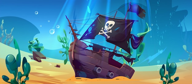 Free vector wrecked pirate ship on sea bottom