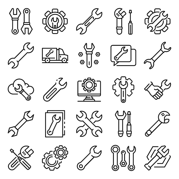 Wrench icons set, outline style