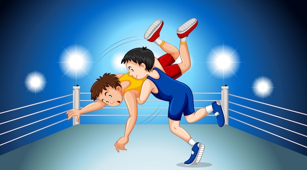 Wrestlers fighting on the fighting ring