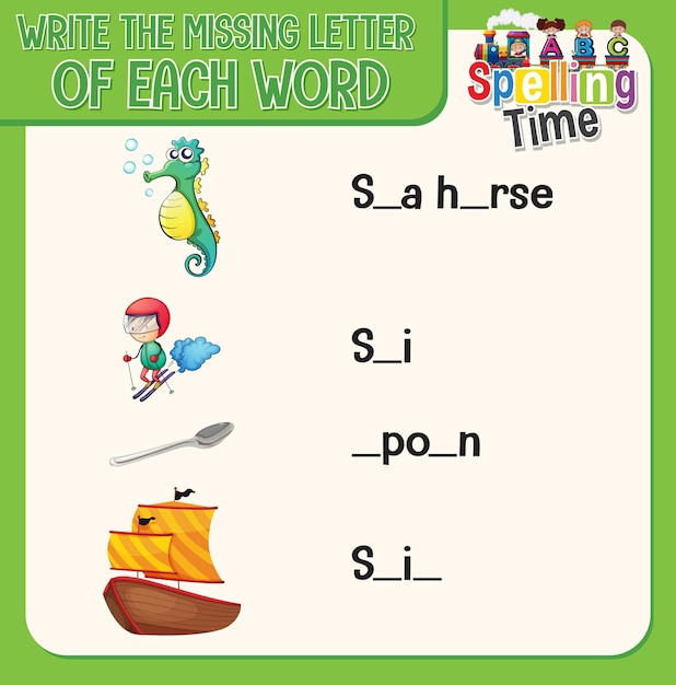 어린이를 위해 각 단어 워크 시트의 누락 된 문자를 작성합니다.