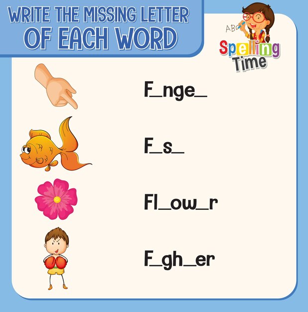 Напишите пропущенную букву каждого слова на листе для детей