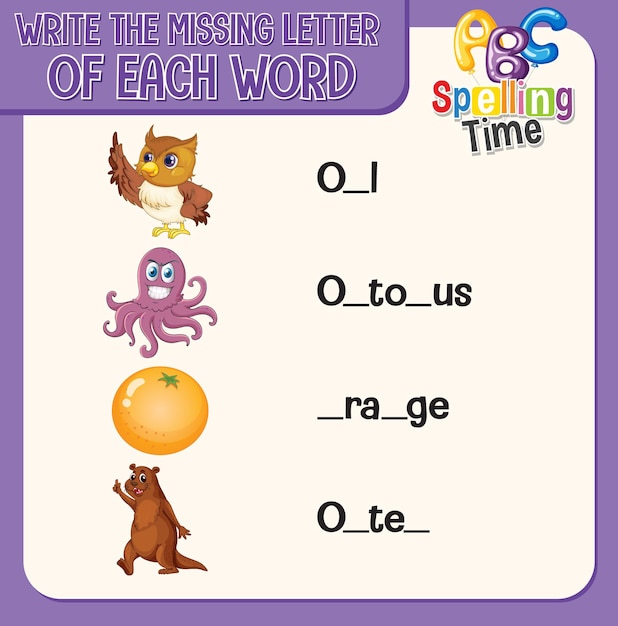 Write the missing letter of each word worksheet for children