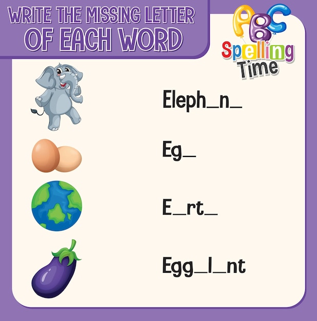 Free vector write the missing letter of each word worksheet for children