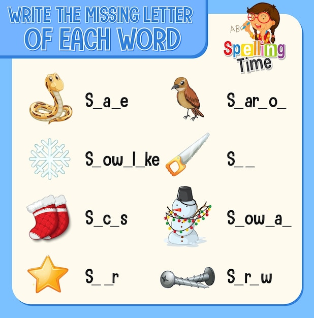 Write the missing letter of each word worksheet for children