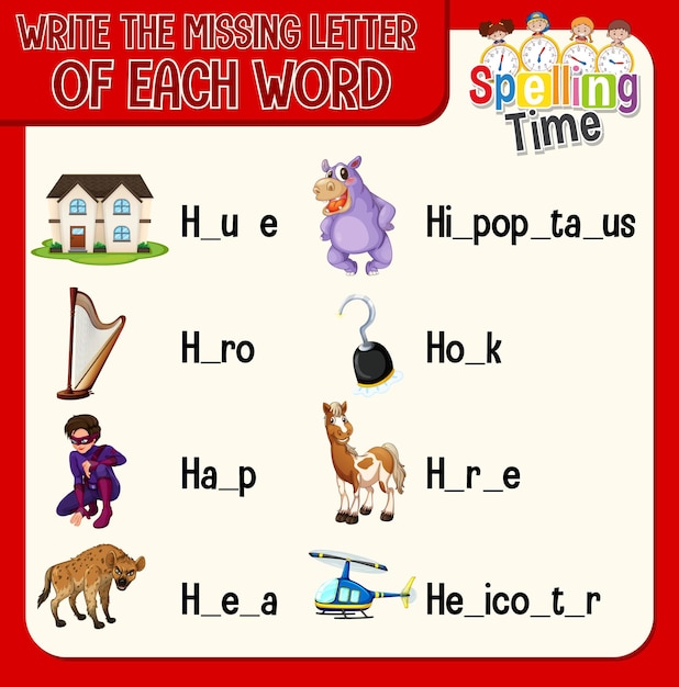 Write the missing letter of each word worksheet for children