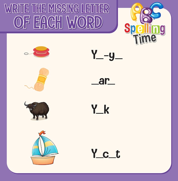 Write the missing letter of each word worksheet for children