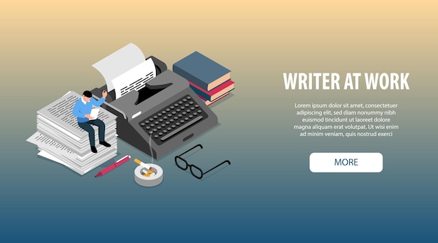 Бесплатное векторное изображение Писатель на работе атрибуты аксессуары инструменты изометрические горизонтальный веб-баннер с книгами пишущая машинка очки ручка