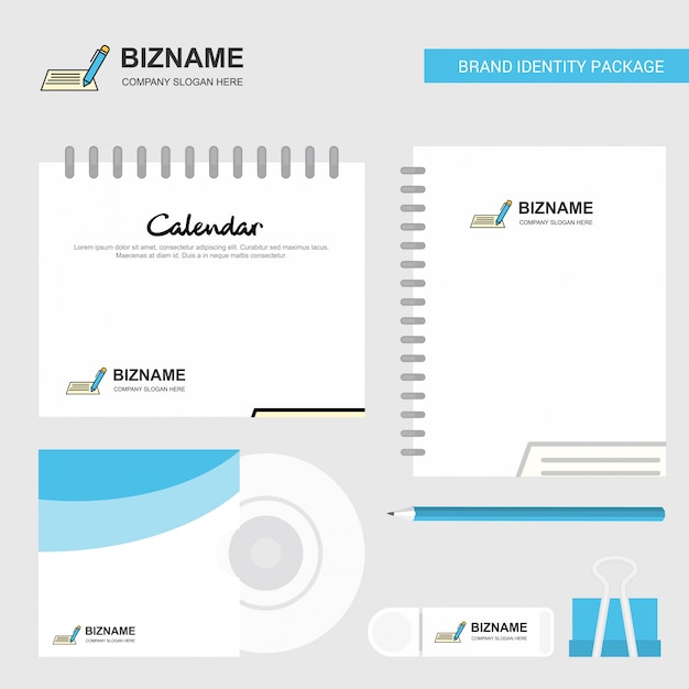 Writing  Logo, Calendar Template, CD Cover, Diary and USB Brand Stationary Package Design Vector Template