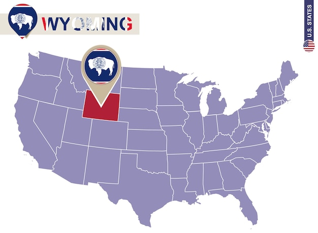 Wyoming On Us Map Premium Vector | Wyoming State On Usa Map. Wyoming Flag And Map. Us States.
